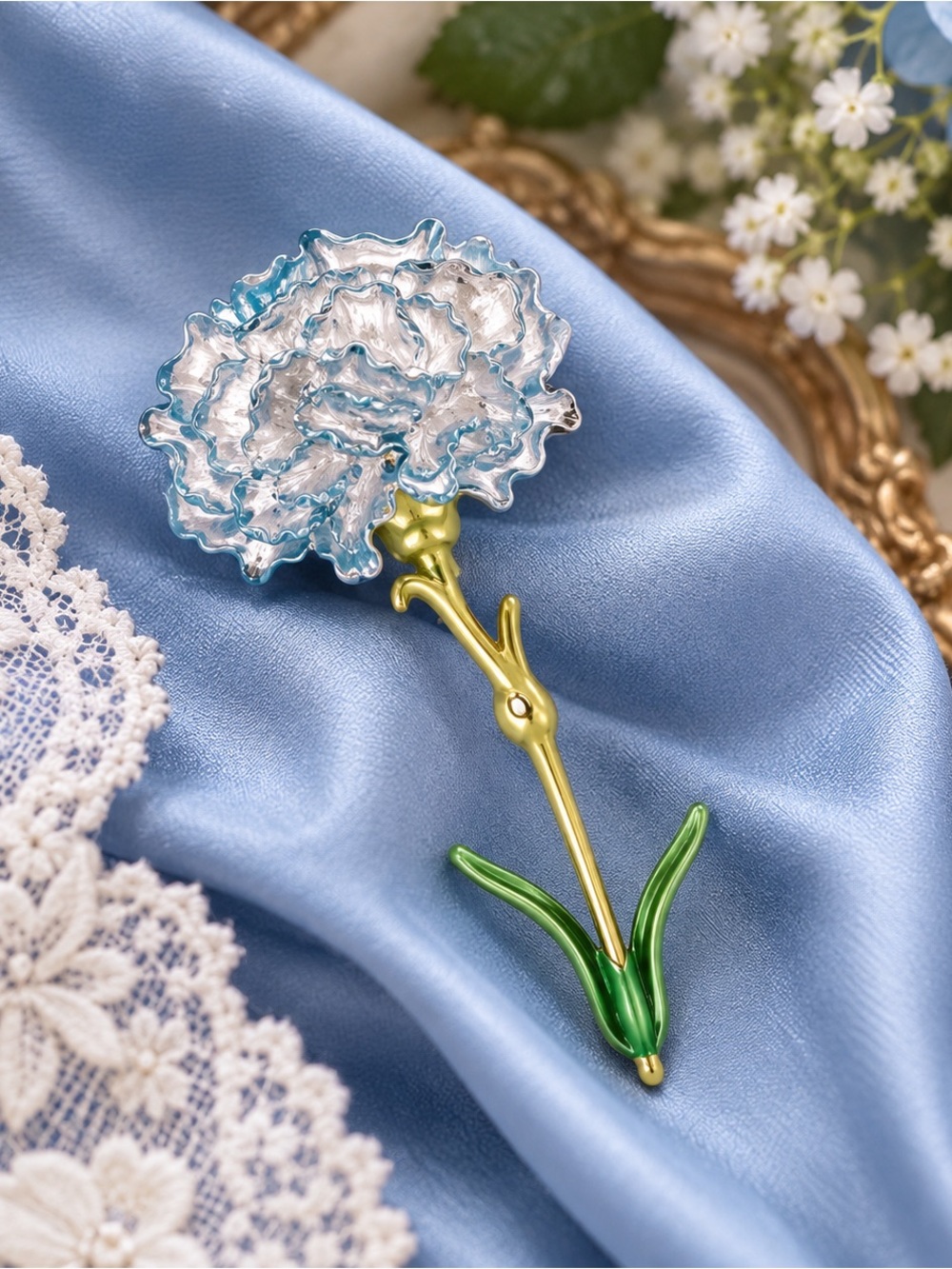 New Blue Carnation Flower Brooch Gold Tone Enamel Floral Pin 2.8”